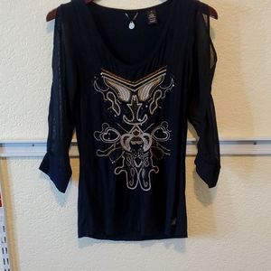 Small Black Dress Shirt with Embroidery and Open Sleeve Detail